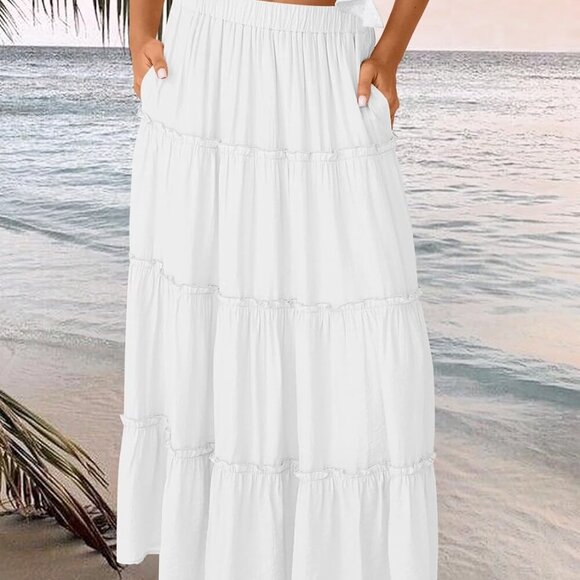 Long Skirts for Women Boho Maxi Skirt Summer Swing Tiered A-Line Elastic High Wa - Picture 2 of 5